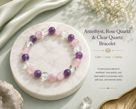 Amethyst, Rose Quartz & Clear Quartz Bracelet